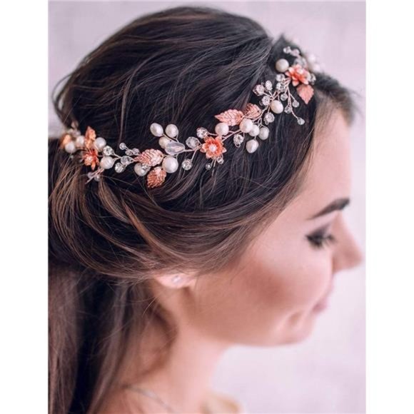 Jumwrit Bridal Pearl Headband Rhinestone Crystal Headpiece Flower Leaves Hair main image 4